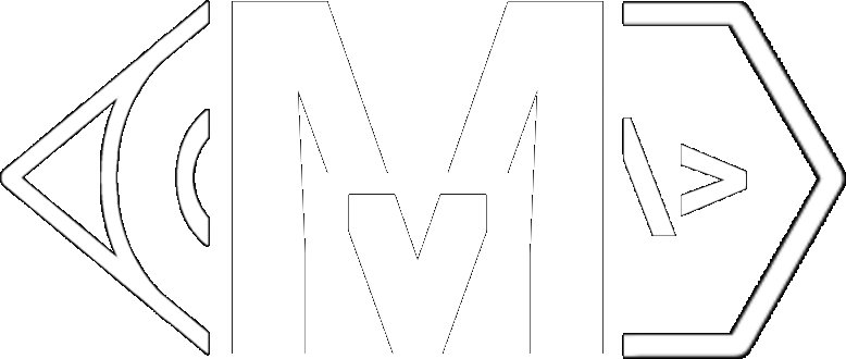 Black-and-white logo featuring a bold white M with a smaller lowercase v cut into its bottom center, surrounded by coding-style angle brackets.